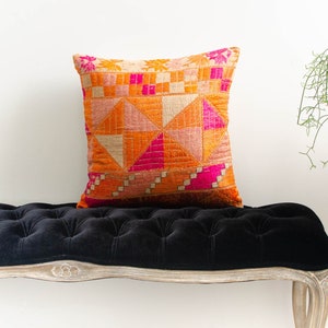 Antique Indian Phulkari Silk Hand Embroidered Linen Square Orange Pillowcase Accent Pillow Cushion - 1920s