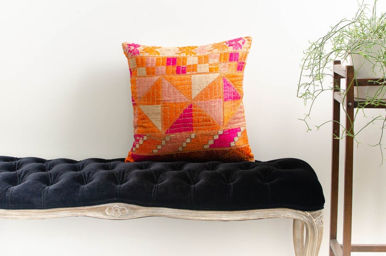 Antique Indian Phulkari Silk Hand Embroidered Linen Square Orange Pillowcase Accent Pillow Cushion 1920s image 1
