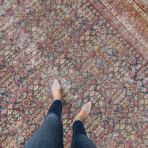 Antique 8’7” x 12’8” Rare Distressed Large Allover Botanical Hand-Knotted Maroon Navy Wool Low Pile Rug 1900s - FREE DOMESTIC SHIPPING