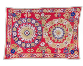 Vintage Suzani 52” x 75” Uzbek Hand-Embroidered Red Mustard Floral Medallion Silk Samarkand Blanket Bed Throw Wall Hanging - 1960's