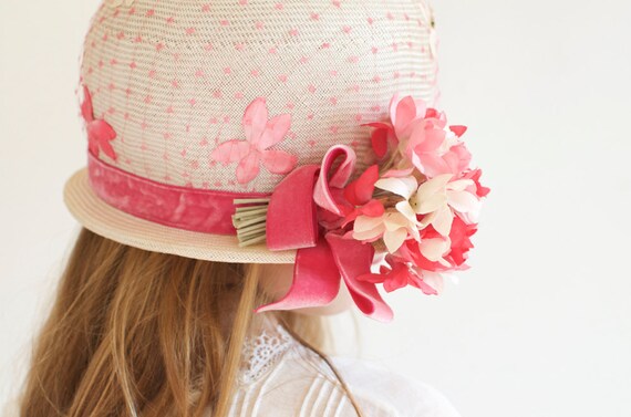 Vintage Woven Floral Pink Straw Hat Noreen - Mid … - image 4