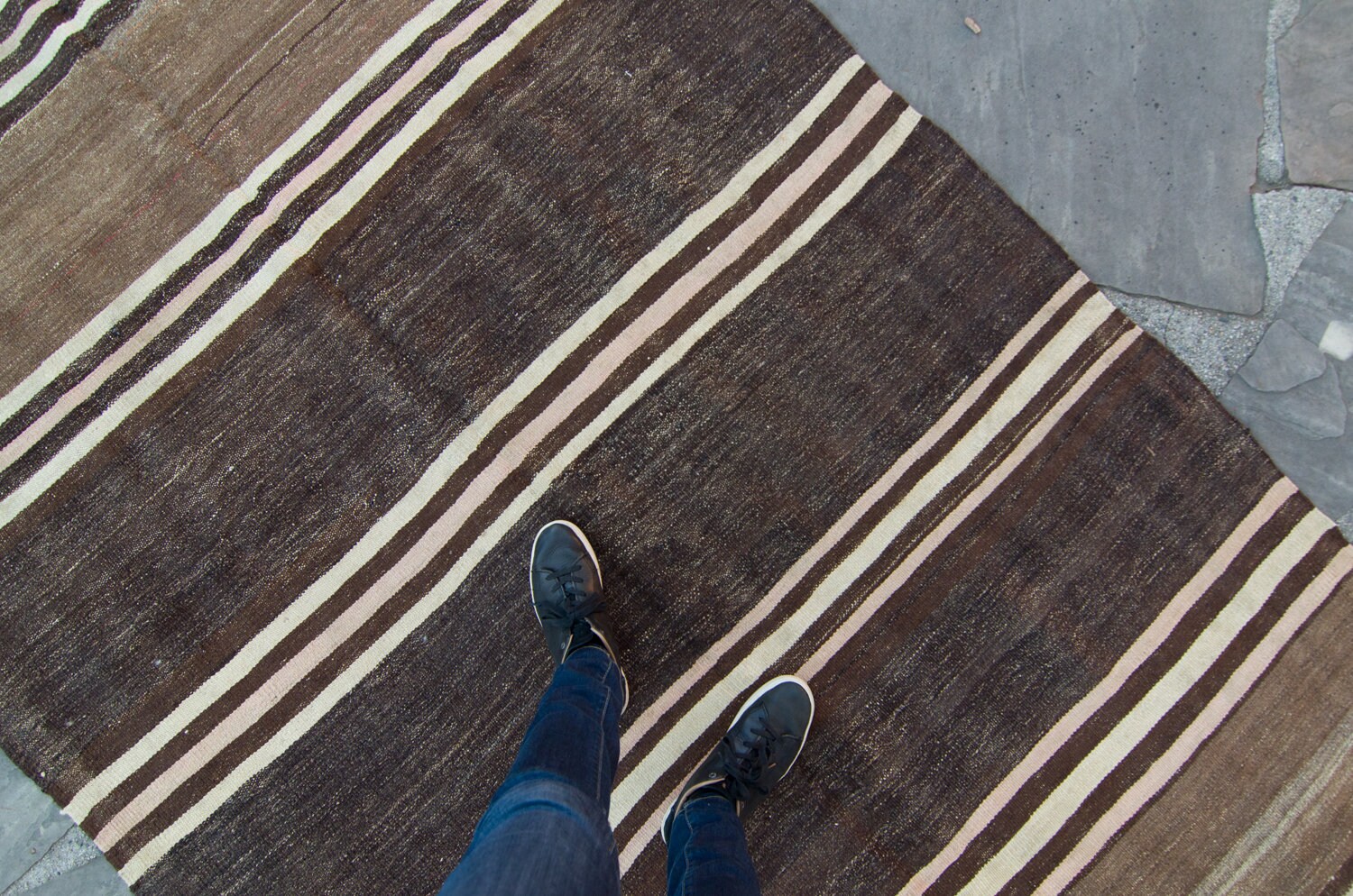 Vintage Anatolien 5'2 X 10'9 Flatweave Kilim Brown Beige Striped Motif Handwoven Large Wool Area Rug
