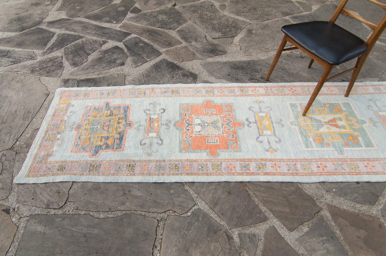 Contemporary 211 x 138 Anatolian Runner Geometric Medallion Baby Blue Pumpkin Wool Hand-Knotted 2000 FREE DOMESTIC SHIPPING image 6