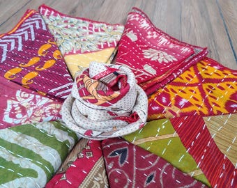 Handmade Kantha Cotton Napkins Set of 10 | Indian Floral Print Reversible Table Decor