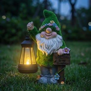 May include: A garden gnome statue with a green hat and beard, holding a lantern with a warm glow. The gnome wears a floral crown and holds a sign that reads "Welcome to my Garden". The statue is set in a grassy area.