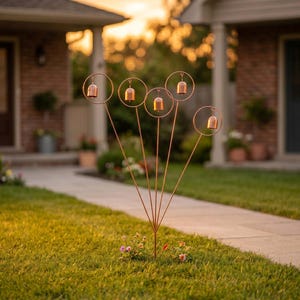 以下が含まれることがあります： 銅色のガーデンステーク。5つのベルの装飾が施されています。各ベルは円形のフレームの中に吊り下げられ、細いロッドに取り付けられています。ステークは芝生に植えられており、背景には小道と家があります。