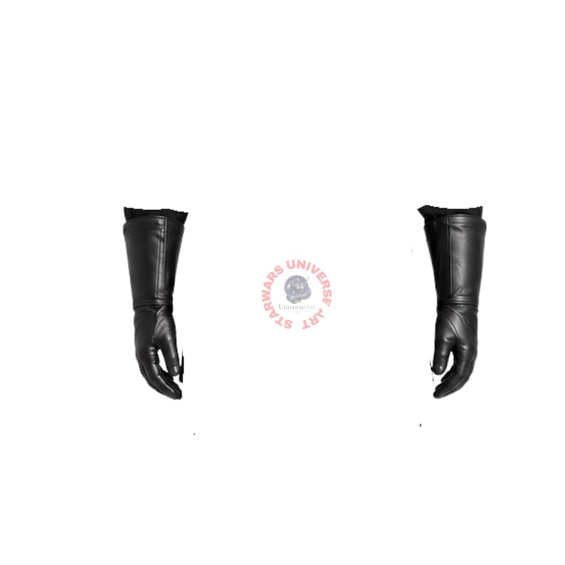 May include: A pair of black gauntlet-style gloves with long, structured cuffs extending past the wrist. The gloves feature smooth, dark surfaces and a fitted design. Between the gloves is a circular logo with the text STAR WARS UNIVERSE ART.