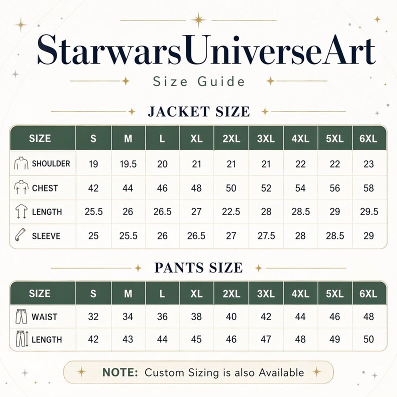 Puede incluir: Una tabla de gu&iacute;a de tallas de StarwarsUniverseArt con medidas para chaquetas y pantalones. La secci&oacute;n de chaquetas detalla hombros, pecho, largo y mangas en pulgadas de la S a la 6XL. Los pantalones incluyen cintura y largo.
