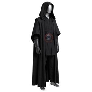 May include: A full-length black costume ensemble featuring a hooded cloak, a layered tunic, and matching trousers. The outfit includes a wide black belt with horizontal stitching and long black gloves. A silver-toned mannequin displays the attire.