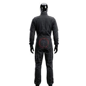 May include: A black jumpsuit featuring white contrast stitching, a high collar, and long sleeves with a geometric triangular pattern on the forearms. The garment includes a belt at the waist and a circular logo with the text STAR WARS UNIVERSE ART.