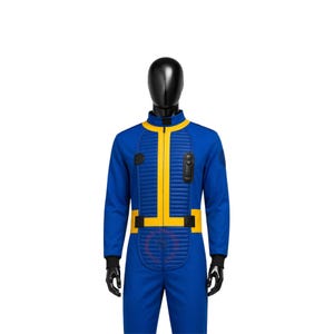 May include: Blue jumpsuit with yellow accents, a black collar, and a front zipper. The suit features a quilted design on the chest and legs, with a black patch on the upper right sleeve. Black gloves and cuffs complete the look.