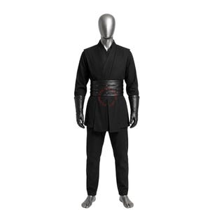 May include: A black costume set featuring a long-sleeved tunic with a wrap-style V-neckline, matching black trousers, and a wide, multi-layered black leather-look belt with silver-toned studs. The outfit includes long black gauntlet-style gloves.