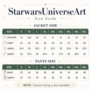 Puede incluir: Una tabla de gu&iacute;a de tallas de StarwarsUniverseArt con medidas para chaquetas y pantalones. La secci&oacute;n de chaquetas detalla hombros, pecho, largo y mangas en pulgadas de la S a la 6XL. Los pantalones incluyen cintura y largo.