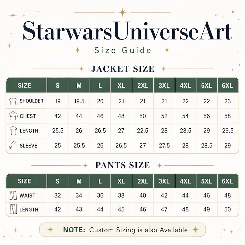 Puede incluir: Una tabla de gu&iacute;a de tallas de StarwarsUniverseArt con medidas para chaquetas y pantalones. La secci&oacute;n de chaquetas detalla hombros, pecho, largo y mangas en pulgadas de la S a la 6XL. Los pantalones incluyen cintura y largo.