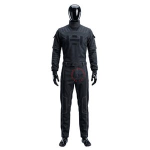 May include: A black long-sleeved jumpsuit featuring a high collar, structured shoulder panels, and white contrast stitching throughout. The garment includes a matching belt at the waist and rectangular patches on the chest and shoulders.