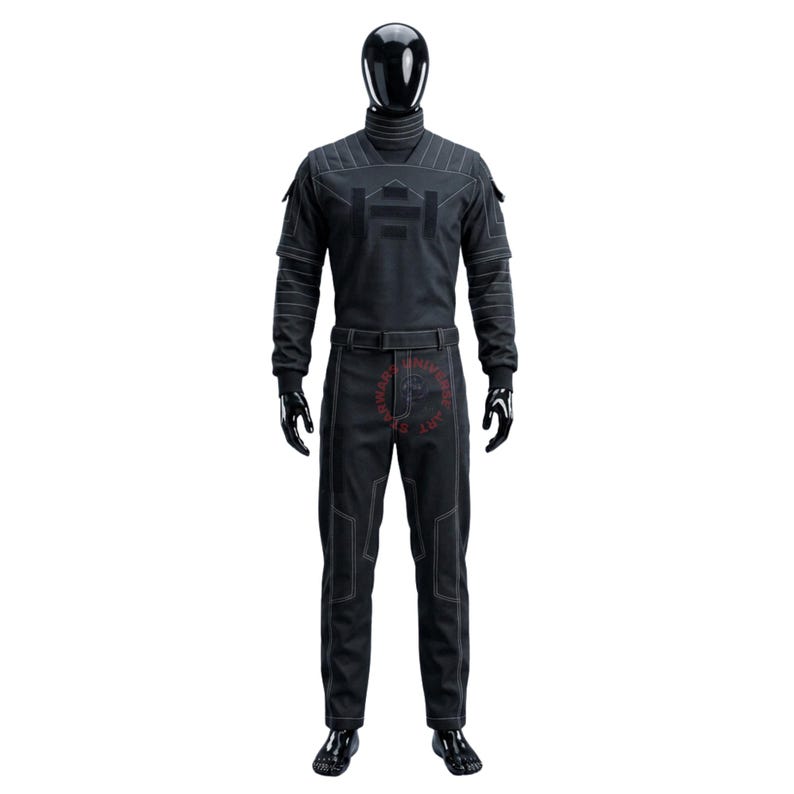 May include: A black long-sleeved jumpsuit featuring a high collar, structured shoulder panels, and white contrast stitching throughout. The garment includes a matching belt at the waist and rectangular patches on the chest and shoulders.