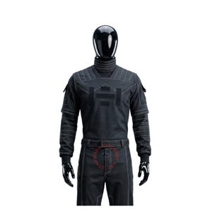 May include: A black long-sleeved tactical uniform set featuring a high collar, structured shoulder panels with white stitching, and a matching belt. The shirt includes rectangular chest patches and sleeve pockets, while the pants feature a clean design.