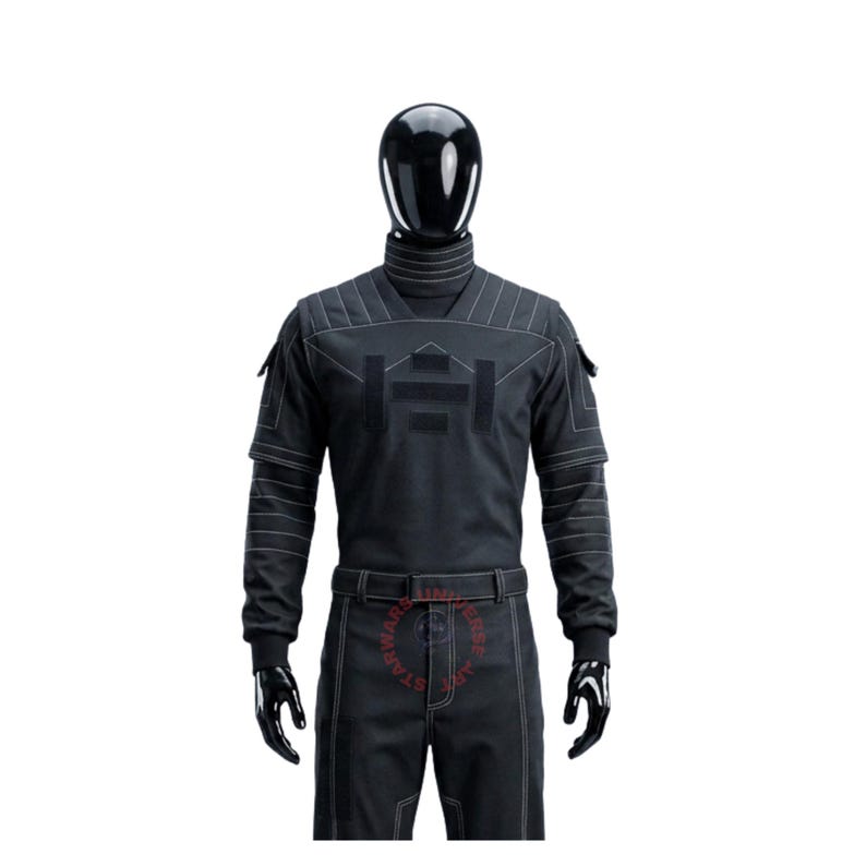 May include: A black long-sleeved tactical uniform set featuring a high collar, structured shoulder panels with white stitching, and a matching belt. The shirt includes rectangular chest patches and sleeve pockets, while the pants feature a clean design.