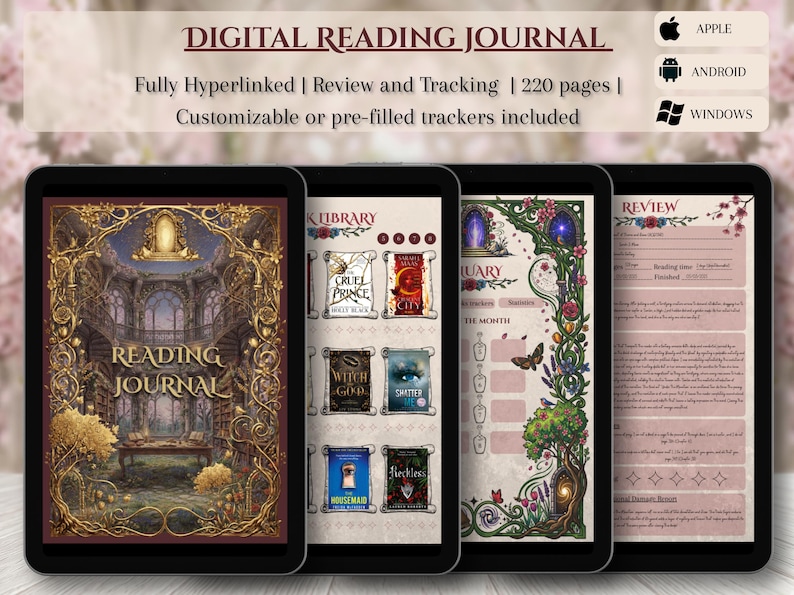 May include: Digital reading journal displayed on four tablets. The journal features a decorative cover with a library scene and the text "Reading Journal." Other screens show book library, monthly trackers, and review pages. The text on the top says "Digital Reading Journal."
