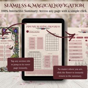 May include: A digital reading planner displayed on a tablet, featuring a floral design and the text "January Reading Progress." The planner includes trackers, an index, and interactive elements for easy navigation. The text reads "Seamless & Magical Navigation."