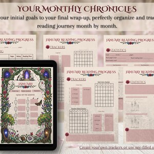 May include: A digital reading journal with a tablet displaying a January reading progress tracker. The journal pages include book logs, trackers, and statistics, all with floral and butterfly illustrations. The text reads "Your Monthly Chronicles."