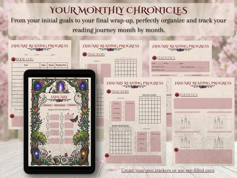 May include: A digital reading journal with a tablet displaying a January reading progress tracker. The journal pages include book logs, trackers, and statistics, all with floral and butterfly illustrations. The text reads "Your Monthly Chronicles."