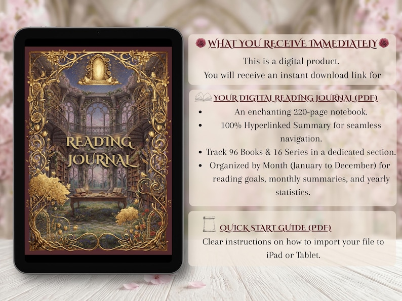 May include: A digital reading journal displayed on a tablet. The journal cover features an ornate, golden design with the words "Reading Journal." The image includes text describing the digital product, including a 220-page notebook and a quick start guide.