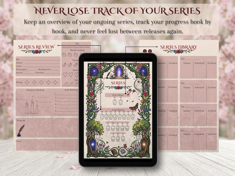 May include: A digital tablet displays a series tracker with a floral design. The text "NEVER LOSE TRACK OF YOUR SERIES" is at the top. The tracker includes sections for series review and library, with space to record book titles and progress.