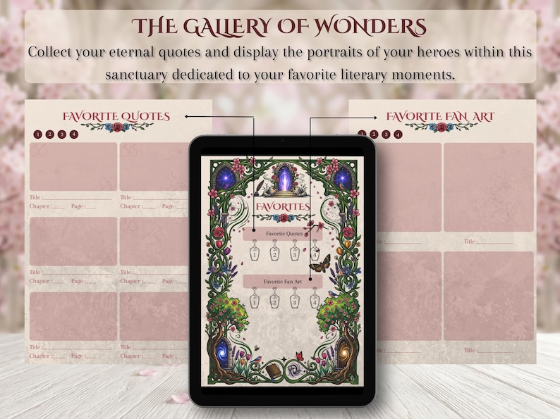 May include: A digital art print featuring a tablet displaying a decorative design with the text "FAVORITES". The print includes spaces for favorite quotes and fan art, with a floral and fantasy theme. The text "THE GALLERY OF WONDERS" is at the top.
