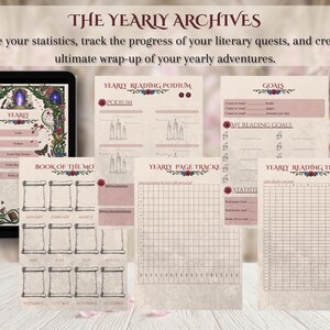May include: A collection of printable planner pages with a vintage aesthetic. The pages include sections for yearly reading, goals, and tracking. The design features floral accents and a soft color palette, with the title "THE YEARLY ARCHIVES" at the top.