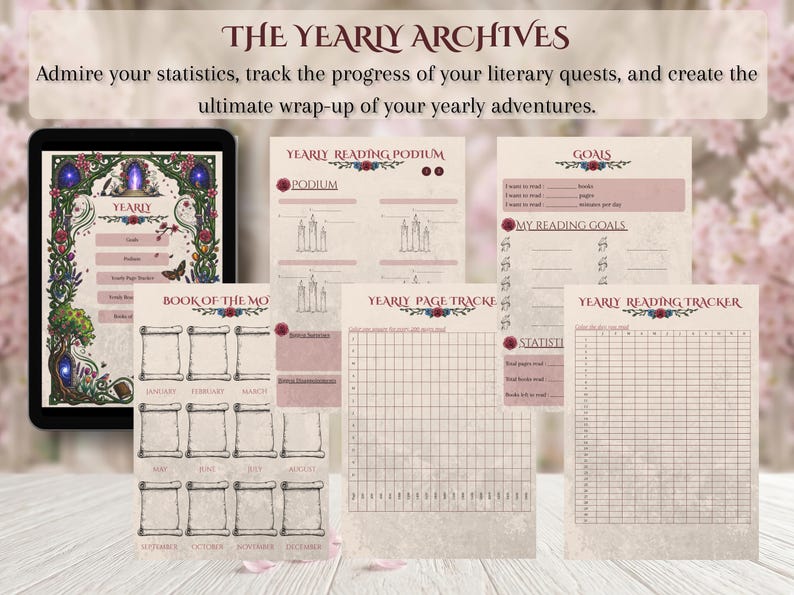 May include: A collection of printable planner pages with a vintage aesthetic. The pages include sections for yearly reading, goals, and tracking. The design features floral accents and a soft color palette, with the title "THE YEARLY ARCHIVES" at the top.