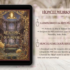 May include: A digital reading journal displayed on a tablet. The journal cover features an ornate, golden frame around a detailed illustration of a library interior. Text on the cover reads "READING JOURNAL". Additional text provides instructions on how to use the journal.