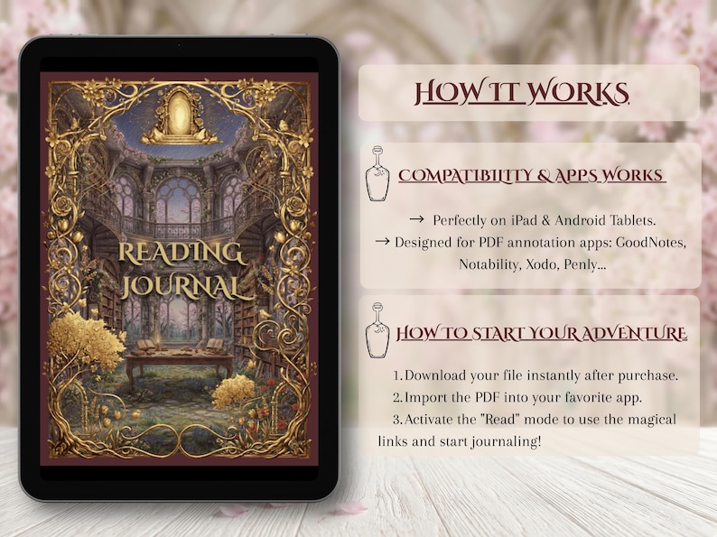 May include: A digital reading journal displayed on a tablet. The journal cover features an ornate, golden frame around a detailed illustration of a library interior. Text on the cover reads "READING JOURNAL". Additional text provides instructions on how to use the journal.