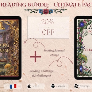 May include: A digital reading bundle featuring a Reading Journal and a My Challenges Volume 1 book. The bundle includes 220 pages and 12 challenges, with 20% off. The design displays ornate gold frames, floral motifs, and a library scene.