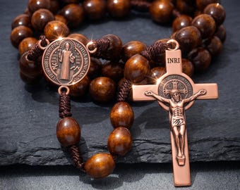 Desert Monk Rosary, Brown Wooden Beads, St. Benedict Copper Crucifix, Paracord Prayer Beads