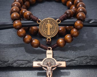 Wooden Rosary Beads, St. Benedict Copper Crucifix, Paracord Catholic Prayer Beads