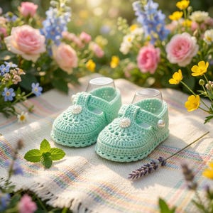 May include: A pair of mint green crocheted baby shoes featuring a T-strap design, each adorned with a central white faux pearl accent on the front and a matching pearl button on the side strap, showcasing intricate yarn stitching throughout.