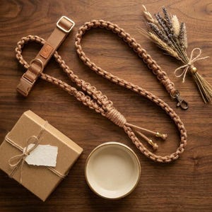 May include: A tan paracord dog lead with a braided texture, featuring a metal swivel clasp and a matching tan collar with a gold-toned buckle and hardware. The set is displayed alongside a small square gift box and a bundle of dried wheat stalks.