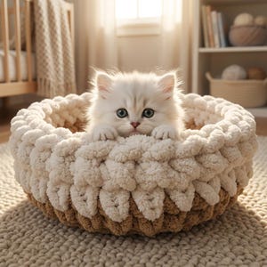 Puede incluir: Un gatito blanco y esponjoso con grandes ojos oscuros sentado dentro de una cama redonda para mascotas de punto grueso. La cama presenta un diseño de dos tonos con una sección superior crema y una base color canela, hecha de lana gruesa y suave.