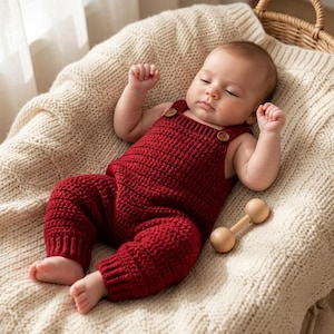 Könnte beinhalten: Ein dunkelroter, handgehäkelter Baby-Strampler mit gerippter Textur, zwei kleinen braunen Holzknöpfen an den Schulterträgern und gerippten Bündchen an den Knöcheln. Das Kleidungsstück ist in einer einfachen, funktionalen Silhouette für Säuglinge gestaltet.