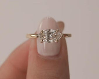 1.00 Carat East West Marquise Lab Grown Diamond Engagement Ring, IGI Certified D VVS2 Solitaire Diamond Ring, Dainty Ring For Women,14k Gold