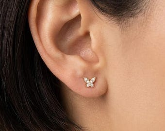 0.25 Carat Round Lab Grown Diamond Stud Earrings, Delicate Butterfly Inspired Stud Earrings, E-F VVS-VS Lab Diamond Wedding Earrings For Her
