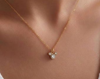 Tiny Mickey Mouse Inspired Pendant Necklace, 0.60 Carat Round Lab Grown Diamond Wedding Necklace, 14k Gold Necklace For Women, Birthday Gift