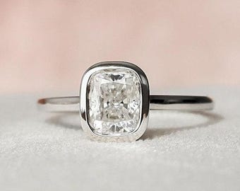 1.15 Carat Cushion Cut Lab Grown Diamond Engagement Ring, IGI Certified E VVS2 Hidden Halo Bezel Set Ring, 14K Gold Wedding Ring for Women