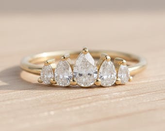 1.30 Carat Pear Cut Lab Grown Diamond Five Stone Ring, E-F VVS-VS Lab Diamond Wedding Ring, Lab Created Diamond Wedding Ring, 14k Gold Ring