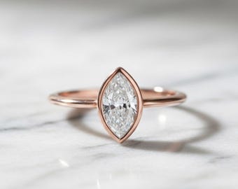 1.00 Carat IGI Certified E VS1 Marquise Lab Grown Diamond Engagement Ring, Solitaire Diamond Bezel Set Ring, 14k Gold Wedding Ring For Her