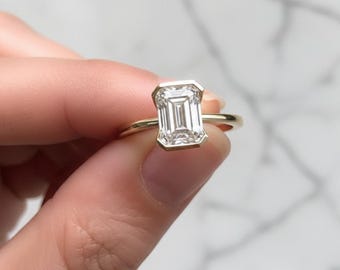 1.00 Carat Emerald Cut Lab Grown Diamond Engagement Ring, IGI Certified E VVS2 Semi Bezel Solitaire Ring, 14K Gold Diamond Ring for Women