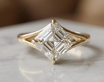 3 Carat IGI Certified E VVS2 East West Asscher Lab Grown Diamond Solitaire Engagement Ring, Classic Daily Wear Ring, 14k Gold Ring For Women