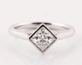 1.50 Carat Princess Lab Grown Diamond Engagement Ring, IGI Certified E VVS2 Lab Diamond Bezel Set Ring, Minimalist Daily Wear Ring, 14k Gold