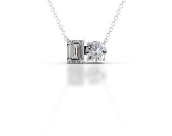 2 Carat E/VVS2 Round & Emerald Lab Grown Diamond toi et moi Pendant Necklace, Minimalist Gold Necklace, Engagement Wedding Gift For Women
